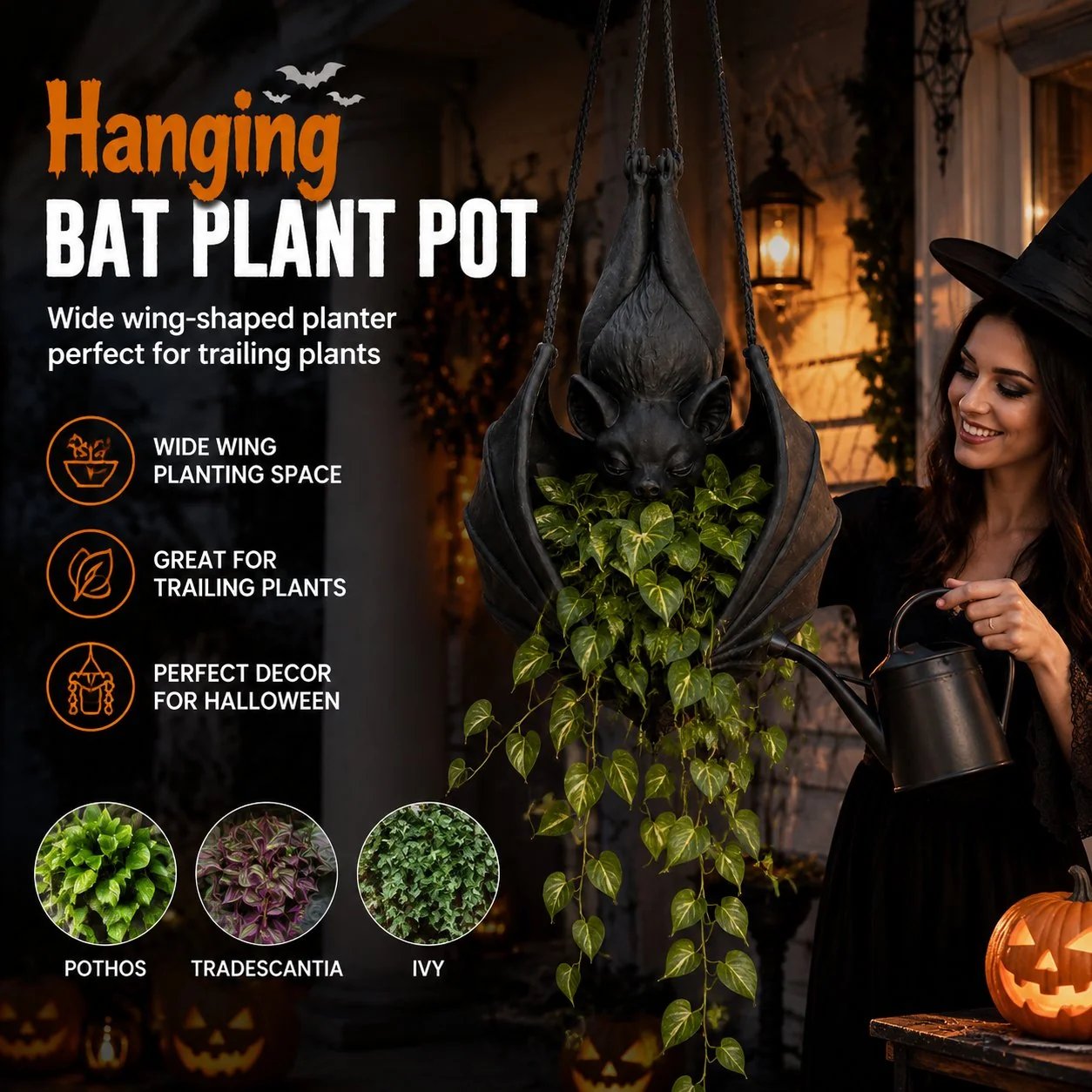 🎉🦇 Hanging Bat Plant Pot🎃Spooky Garden Decor Planter