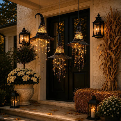 3-Piece Lighted Witch Hat Set with Cascading Stars