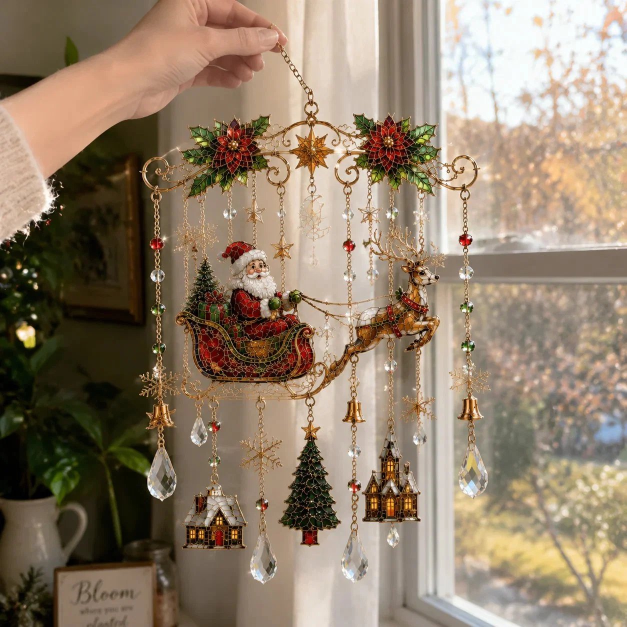 Christmas Stained Glass Window Hanging Suncatcher