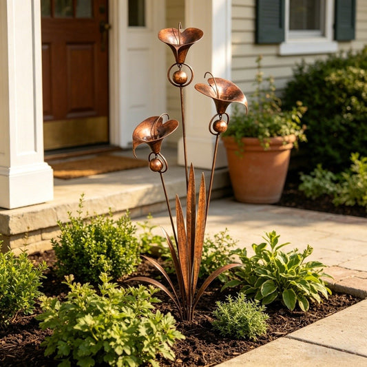 🌿Flamed Copper Three Calla Lilies Garden Stake with Bells