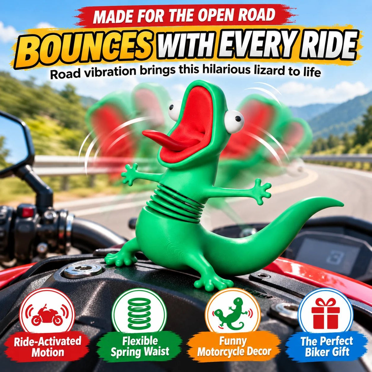 🏍️ Wobbling Spring Lizard Motorcycle Ornament – Funny Road-Vibration Rider Buddy