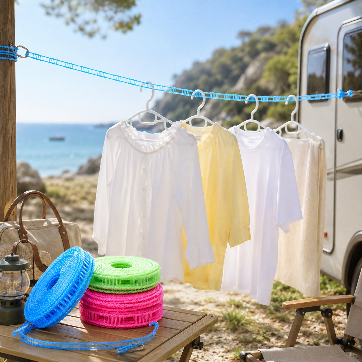 Adjustable Windproof Clothesline with Hooks - Portable Heavy Duty Travel Laundry Line for Outdoor, Backyard, Camping & Indoor Drying