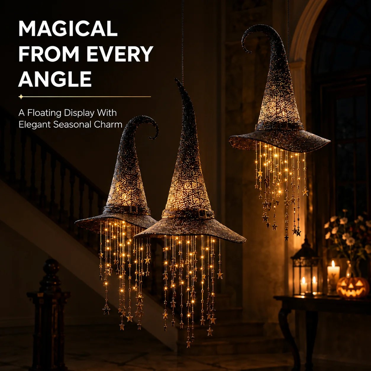 3-Piece Lighted Witch Hat Set with Cascading Stars