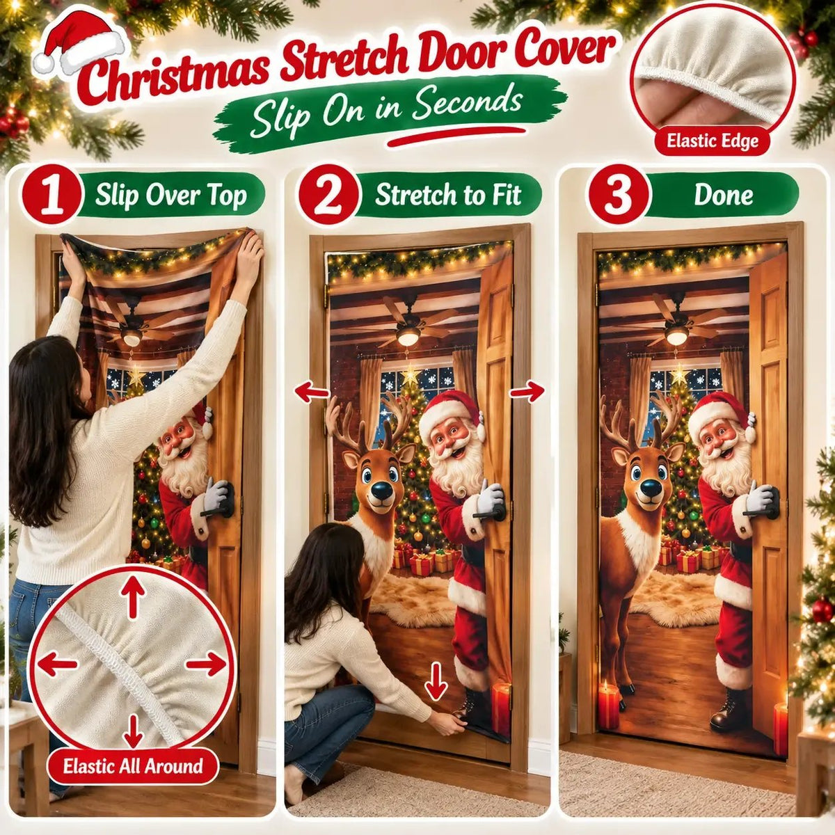 🌟Last day 50% OFF🎄Santa Christmas Door Cover with Elastic Edges | Reusable Holiday Decor🎅