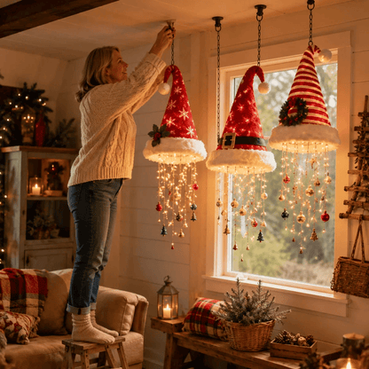🎅 Lighted Santa Hat Hanging Chandelier 🎄 | 3 Styles Warm LED Christmas String Light | Indoor Outdoor Porch Holiday Decor Gift