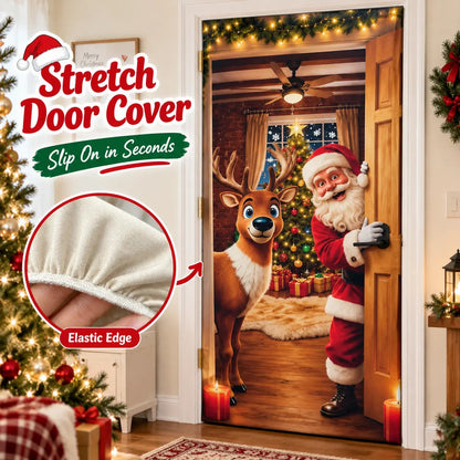 ✨🦌Christmas Door Cover - Stretch Fit Santa & Reindeer Door Decoration with 4-Side Elastic Edges🎅
