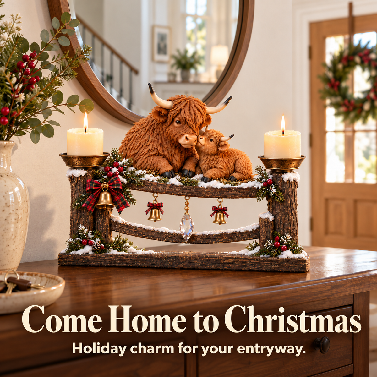 🎄 Highland Cow Mama & Baby Double Candle Holder – 🕯️ A Heartwarming Christmas Centerpiece
