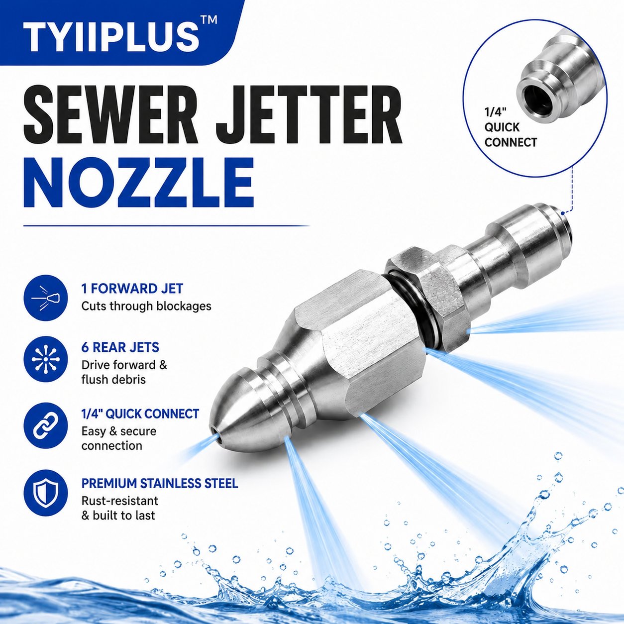 Stainless Steel Sewer Jetter Nozzle – 1/4" Quick Connect Drain Cleaning Attachment for Pressure Washers