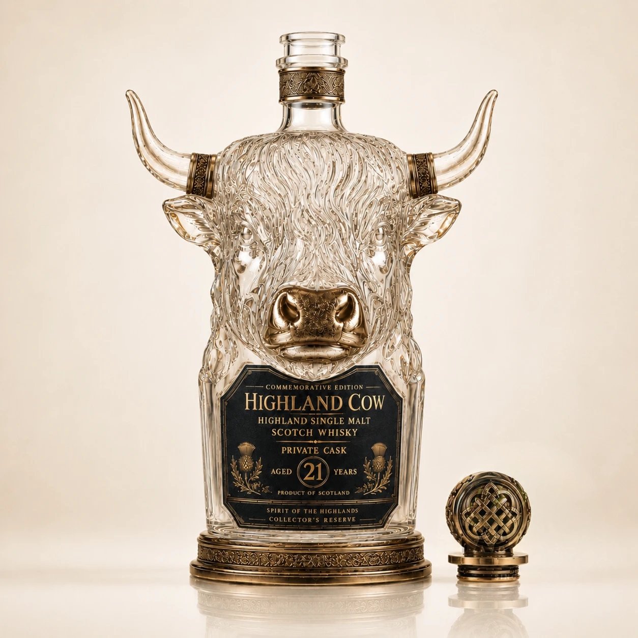 🎁Last Day 60% OFF🐮🥃Highland Cow Private Cask 21 Years Cow Head Shaped Scotch Whisky Bottle