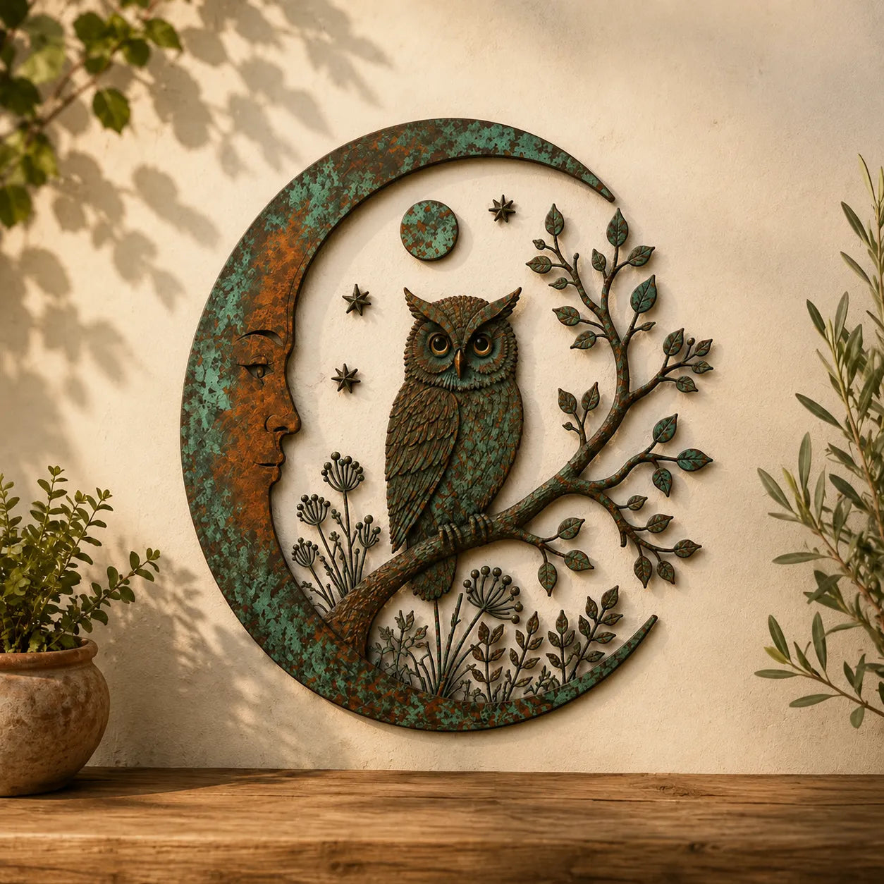 ⏰ LAST DAY  - Handcrafted Metal Crescent Moon Owl Wall Art 🌙🦉 A Timeless Garden Accent Inspired by Nature