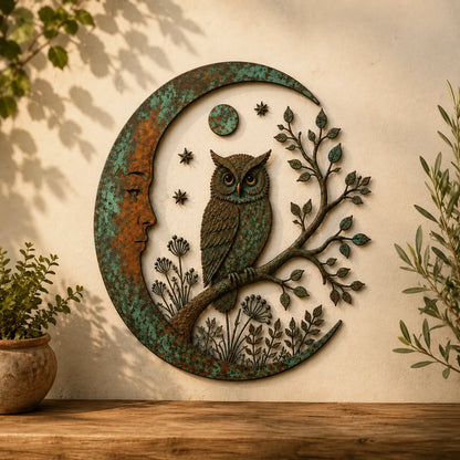 ⏰ LAST DAY  - Handcrafted Metal Crescent Moon Owl Wall Art 🌙🦉 A Timeless Garden Accent Inspired by Nature