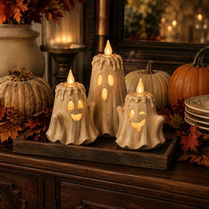3-Piece Halloween Ghost Flameless Candle Set with Remote Timer