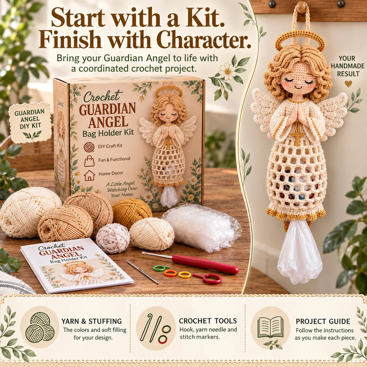 🧶 Blessed Home DIY Crochet Bag Holder Kit with Faith-Inspired Figures 🕊️