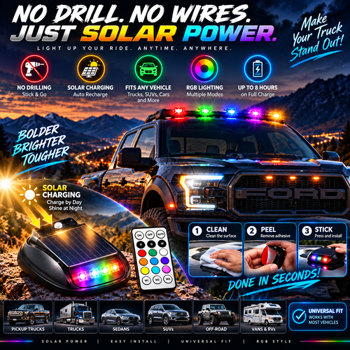 🚙🔆⚡ Solar RGB Car Roof Strobe Lights – 5-Pack Wireless No-Drill Cab Light Set