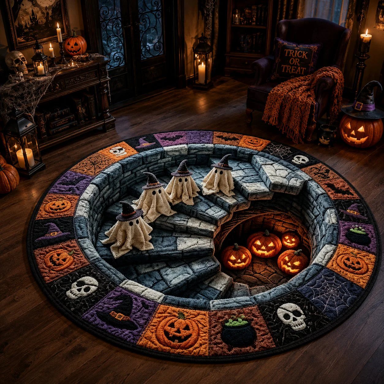 🔥🎁🔥 3D Haunted Staircase Round Rug – Spooky Halloween Optical Illusion 👻