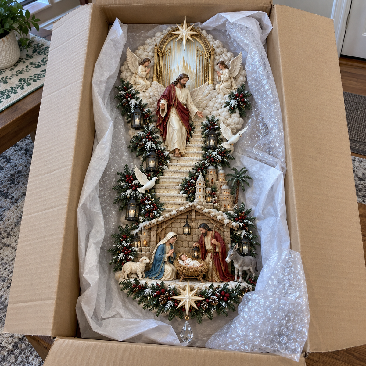 ✝️Jesus Light of Heaven Christmas Wall Hanging | Illuminated Nativity Stairway Decor ✨