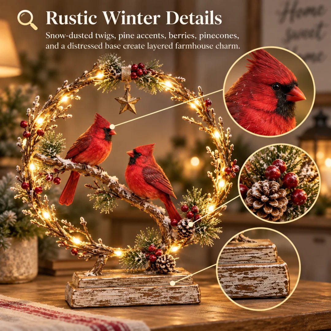 🔥 Last Day 50% OFF✨-Lighted Cardinal Tabletop Decor, Rustic Red Cardinal Pair with Warm LED Lights