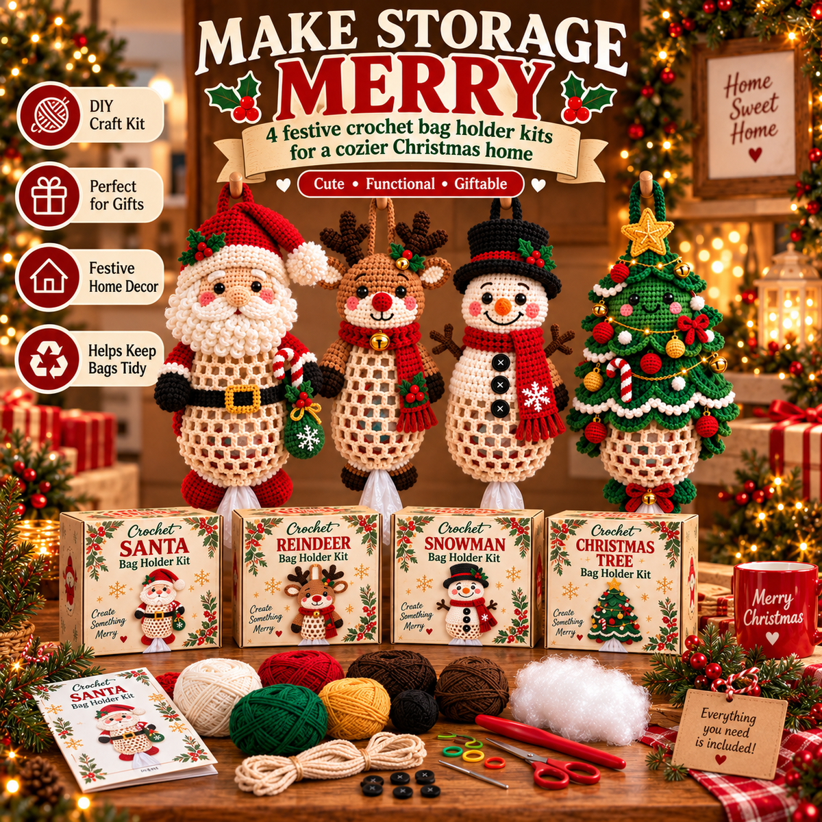 🎄 Christmas Crochet Bag Holder DIY Kit – Cute & Functional Handmade Holiday Storage Decor 🎁