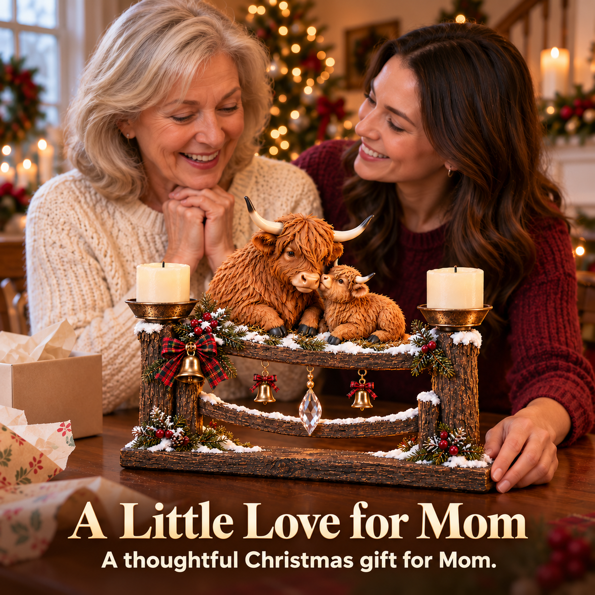 🎄 Highland Cow Mama & Baby Double Candle Holder – 🕯️ A Heartwarming Christmas Centerpiece