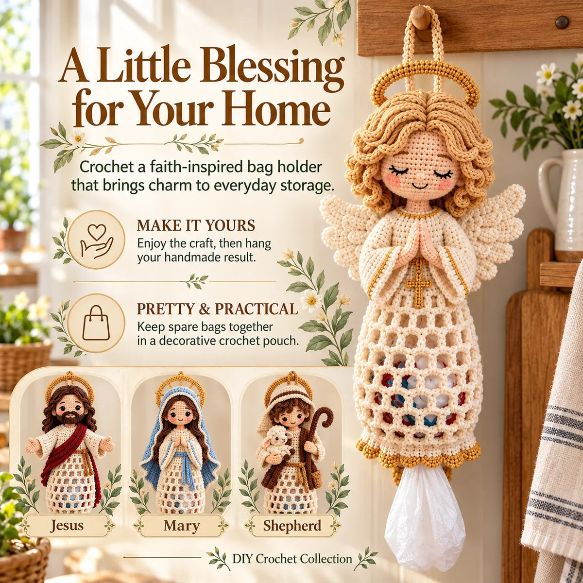 🧶 Blessed Home DIY Crochet Bag Holder Kit with Faith-Inspired Figures 🕊️