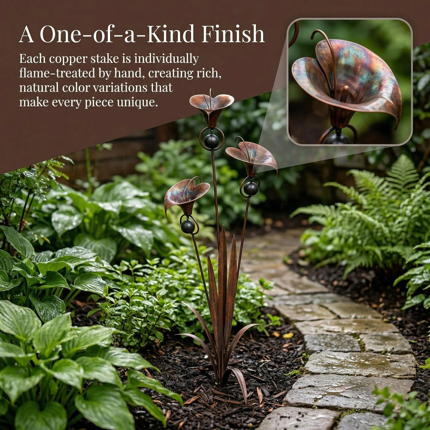 ⏰ 30% OFF – Limited Time Only✨🌼Flamed Copper Three Calla Lilies Garden Stake with Bells🔔