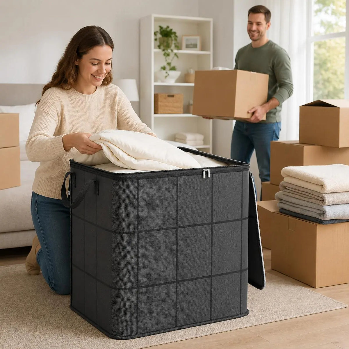 Two adults carefully carrying an oversized storage tote