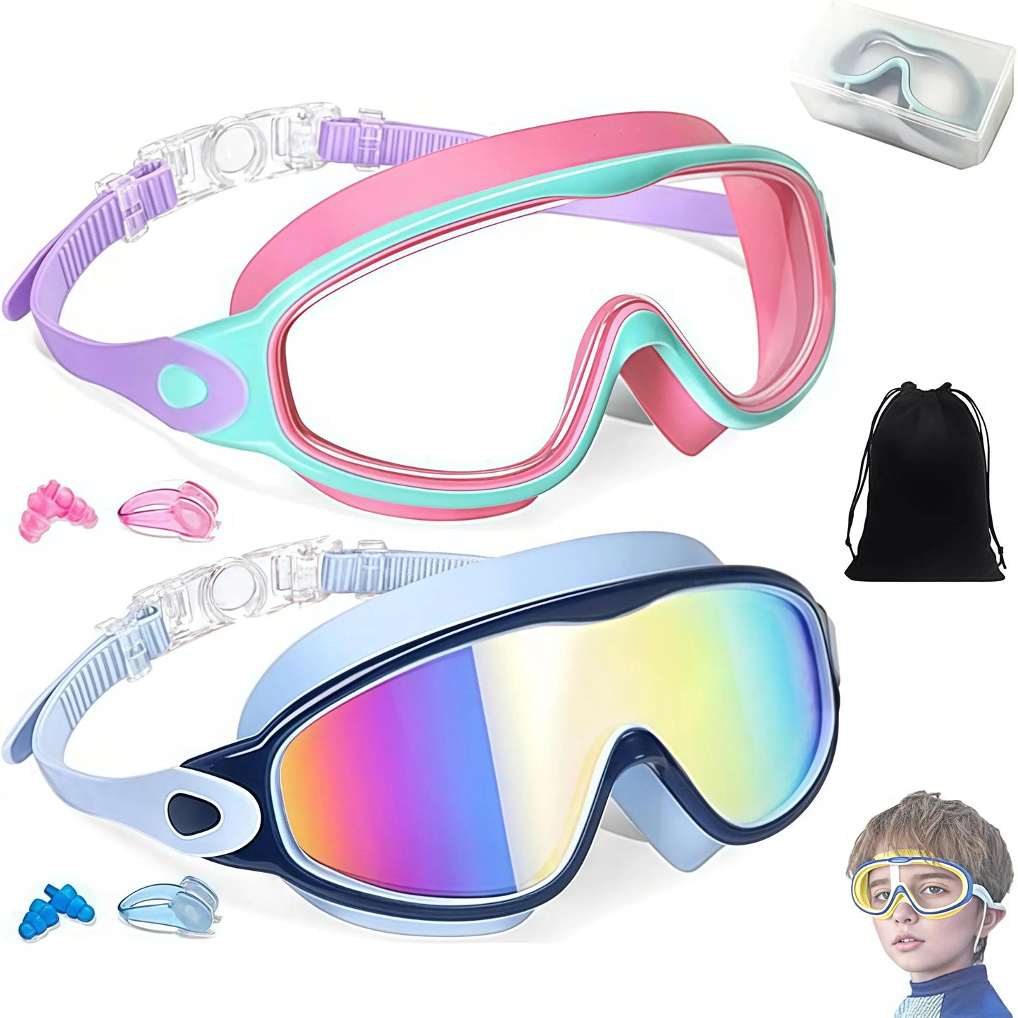 🏆🏊 Crystal Clear Kids Swim Goggles (2-Pack) | Anti-Fog, Leak-Proof & UV Protection