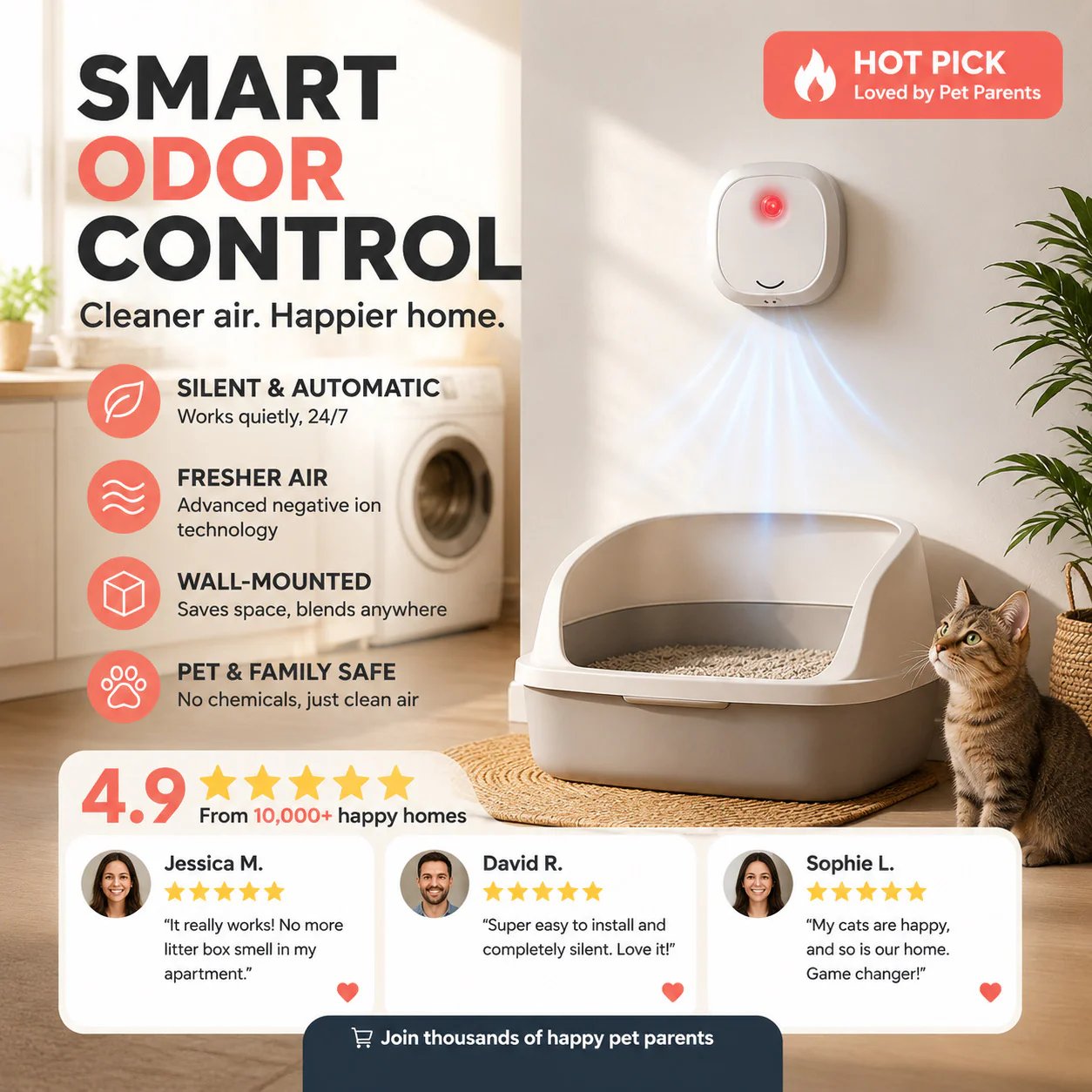 🔥Limited Time 49% OFF! 🌬️Say goodbye to unpleasant odors with it! Smart Quiet Pet Odor Eliminator