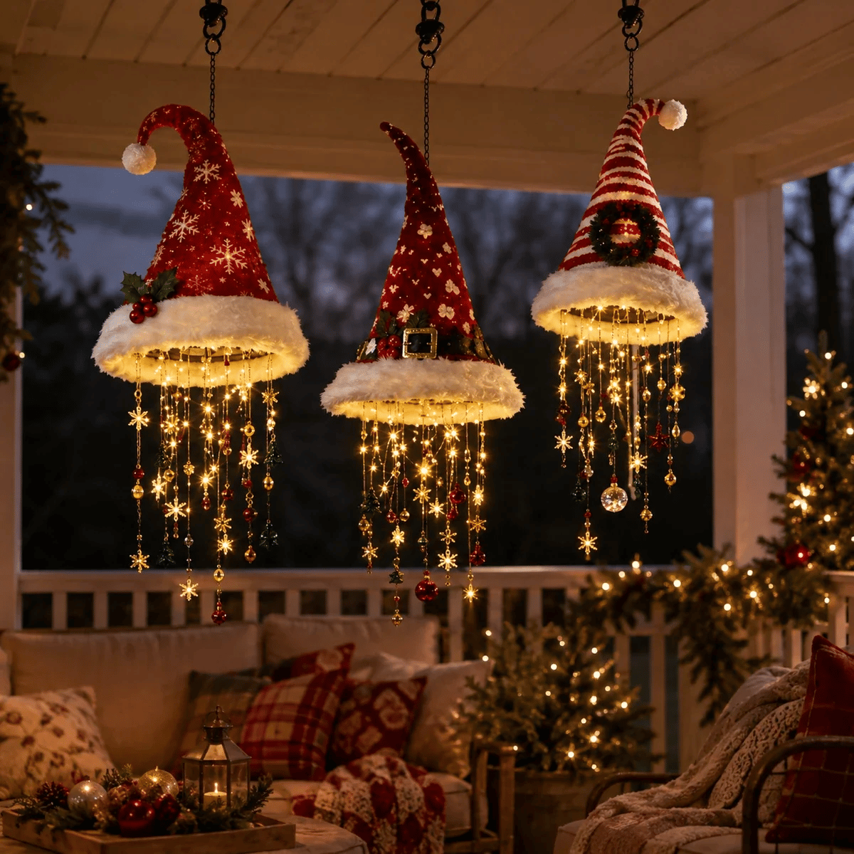 🎅 Lighted Santa Hat Hanging Chandelier 🎄 | 3 Styles Warm LED Christmas String Light | Indoor Outdoor Porch Holiday Decor Gift