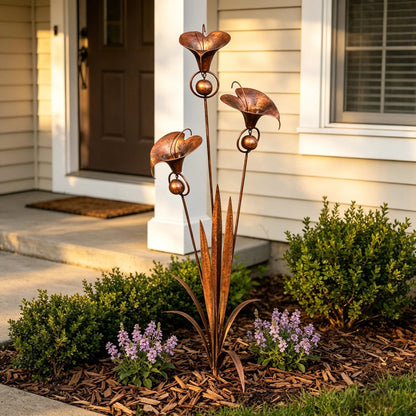 ⏰ 30% OFF – Limited Time Only✨🌼Flamed Copper Three Calla Lilies Garden Stake with Bells🔔
