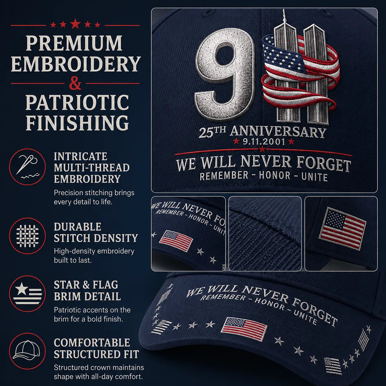 ⚡️9/11 25th Anniversary We Will Never Forget Embroidered Memorial Baseball Cap – Unisex Patriotic Memorial Hat🧢 100% Cotton