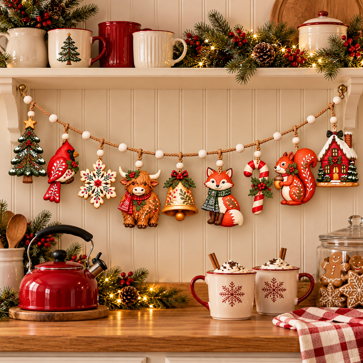 Enchanted Woodland Christmas Garland – Rustic Wooden Highland Cow & Forest Animal Hanging Decorations