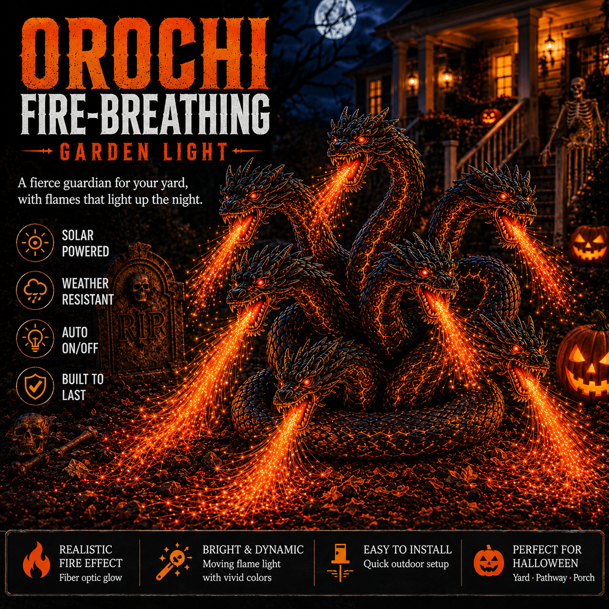 🎃 Fire-Breathing Orochi Solar Garden Light – Epic Multi-Headed Dragon Halloween Decor