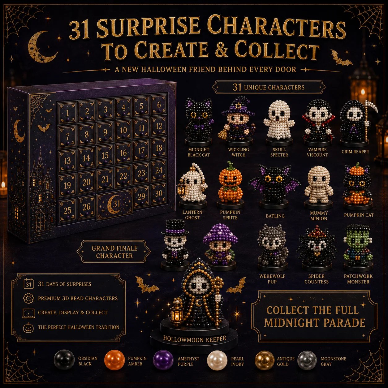 🎉🎃 Hollowmoon 31-Night Jewel-Bead Countdown Calendar| 31 Daily DIY Characters, Complete Craft Supplies & Midnight Parade Display 💎✨