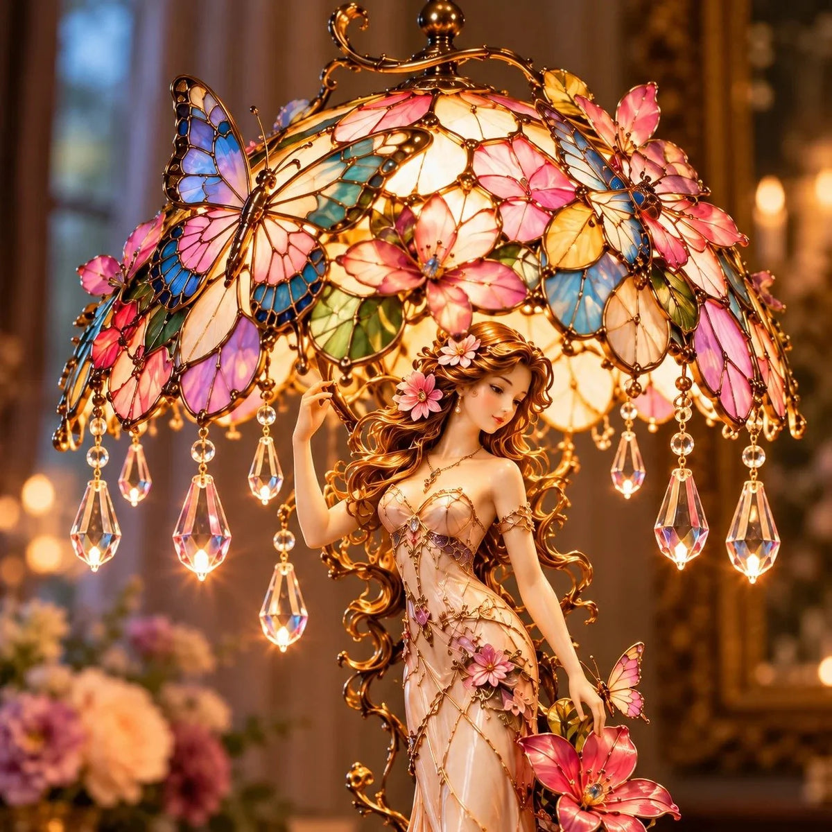 🦋 Enchanted Butterfly Garden Lady – Floral Lamp with a Magical Glow for Your Home✨
