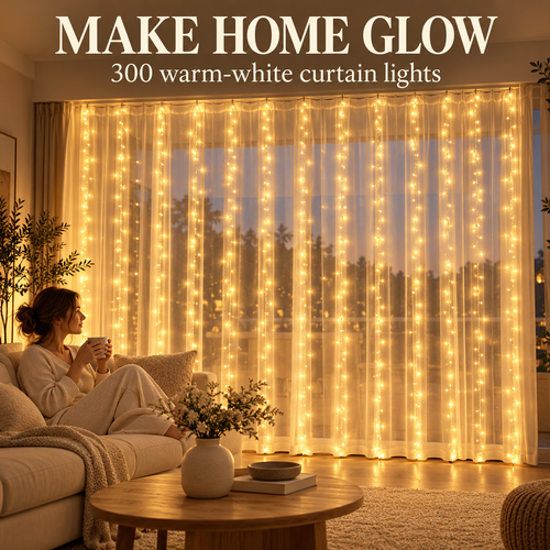 300 LED Curtain Lights – 9.8FT × 9.8FT, 8 Modes, Remote Controlled