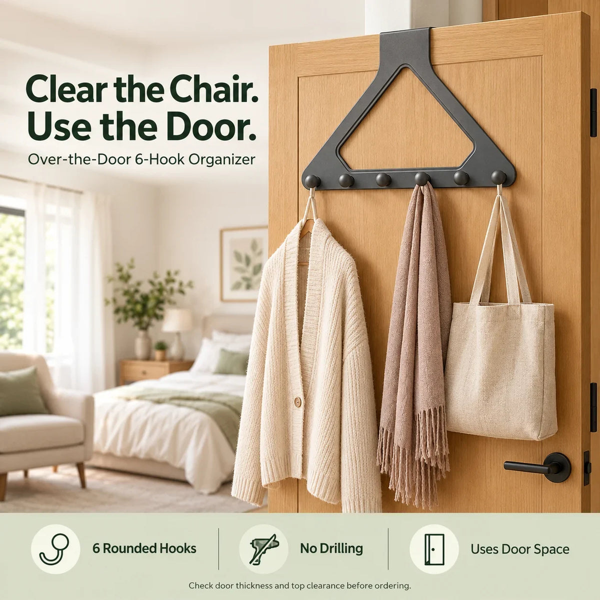 💕Buy 1 Get 1 Free🎁🚪 Over-the-Door 6-Hook Organizer – No-Drill Triangle Rack for Clothes, Towels, Hats & Bags