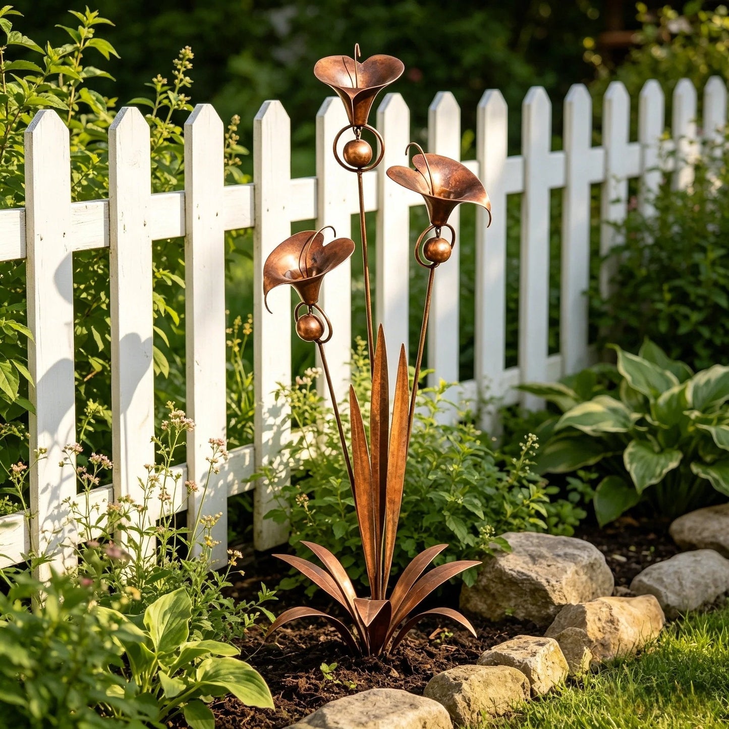 ⏰ 30% OFF – Limited Time Only✨🌼Flamed Copper Three Calla Lilies Garden Stake with Bells🔔