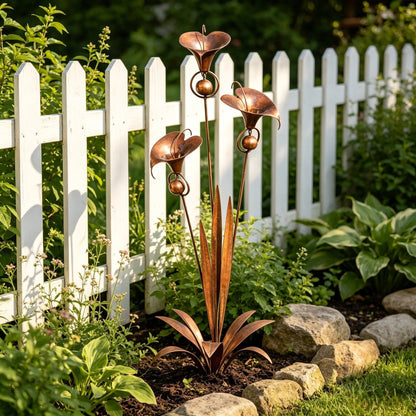 ⏰ 30% OFF – Limited Time Only✨🌼Flamed Copper Three Calla Lilies Garden Stake with Bells🔔