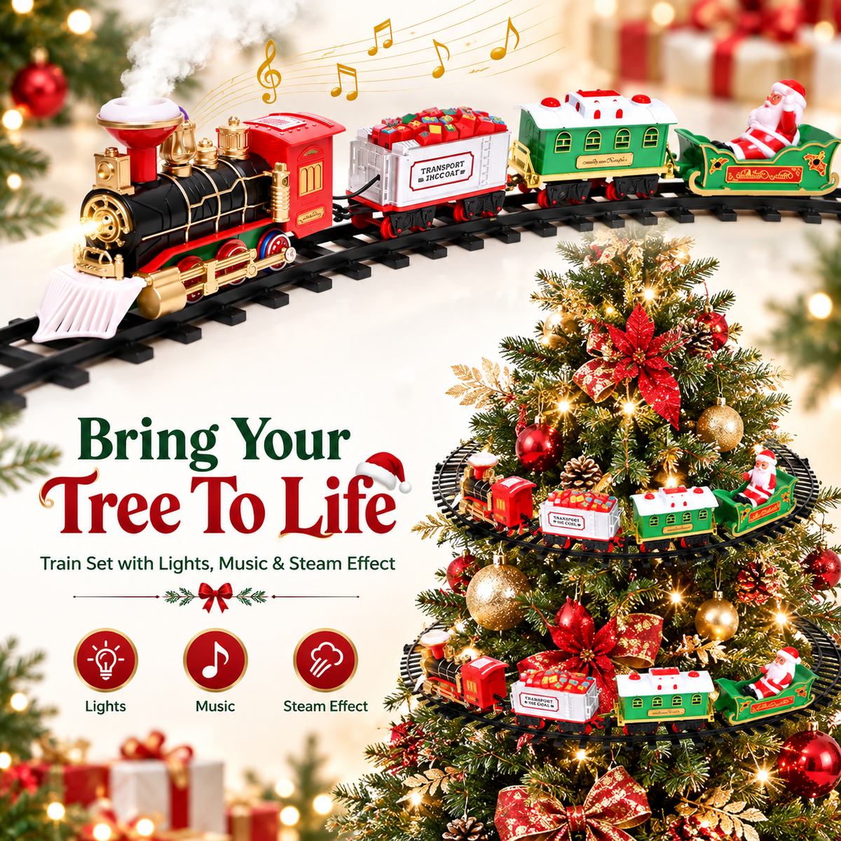 🎄 Magical Christmas Tree Train Set 🚂 – Lights, Sounds & Steam | 2-in-1 Holiday Décor & Kids' Toy