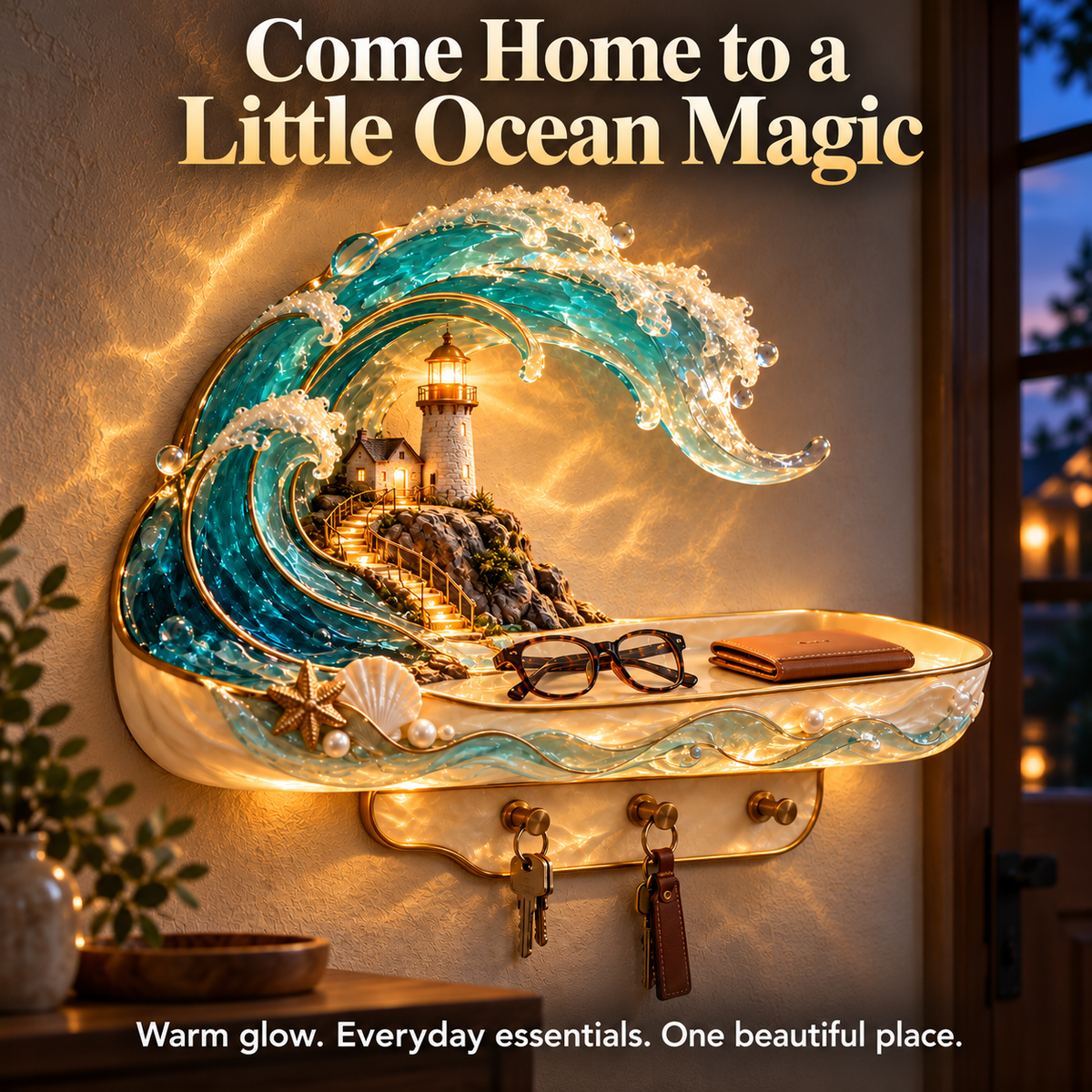🌊 Coastal Glow Lighthouse Wall Shelf – ✨ Lighted Ocean Wave Decor with Storage Tray & Key Hooks