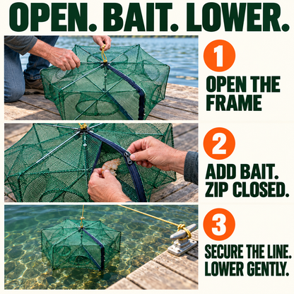 🥳2026 HOT SALE🥳💞50K+ SOLD!🦀🦐 50% OFF! Automatic Foldable Fish Trap – Thickened mesh, rust‑proof steel. Zipper opening for easy harvest. Doubles your catch effortlessly. 🏆🌊