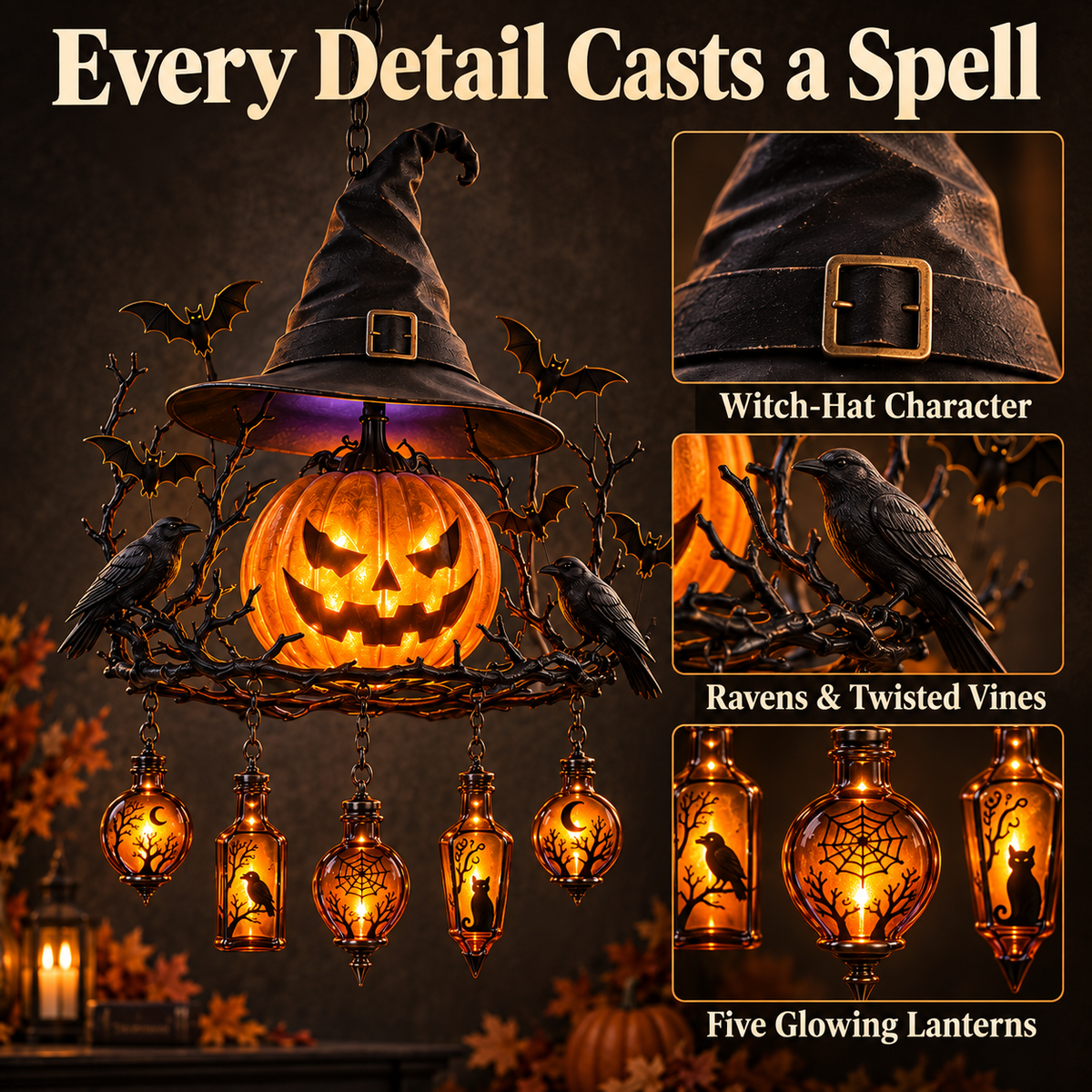 🎃 Witch’s Spell Halloween Hanging Lantern – Glowing Pumpkin & Potion Bottles 🦇