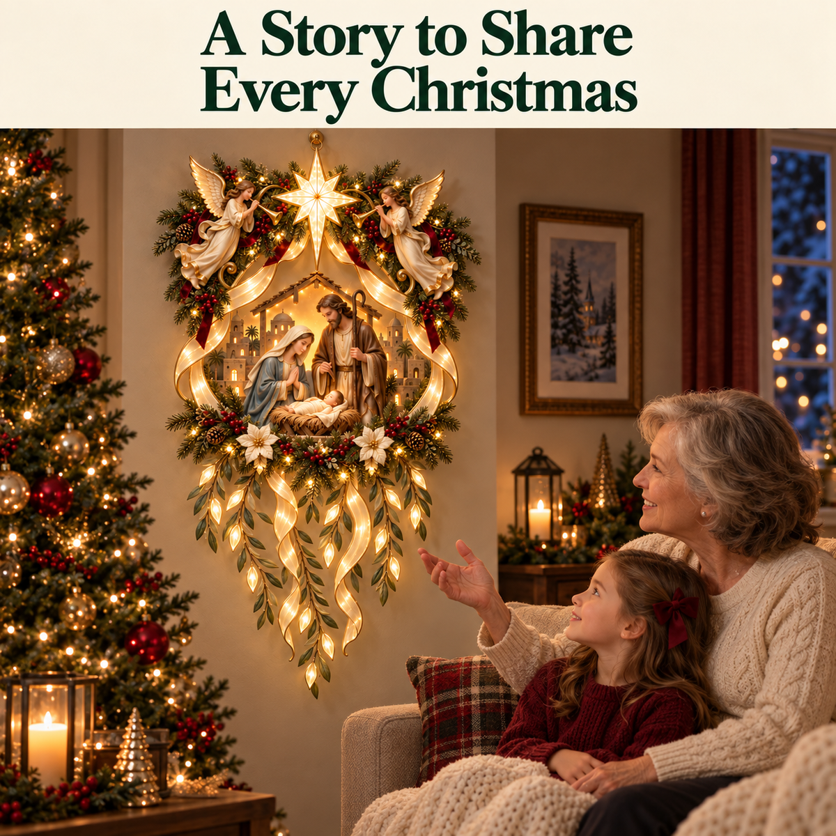✨ Holy Night Glow – Lighted Nativity Wall Décor with Angels & Cascading Ribbons 🎄