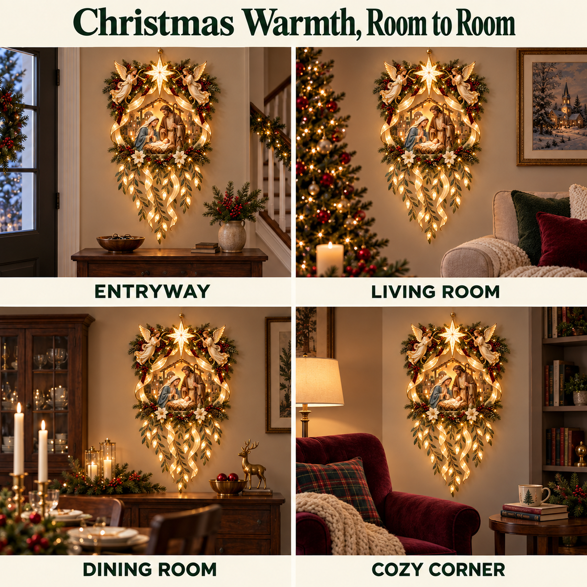 ✨ Holy Night Glow – Lighted Nativity Wall Décor with Angels & Cascading Ribbons 🎄