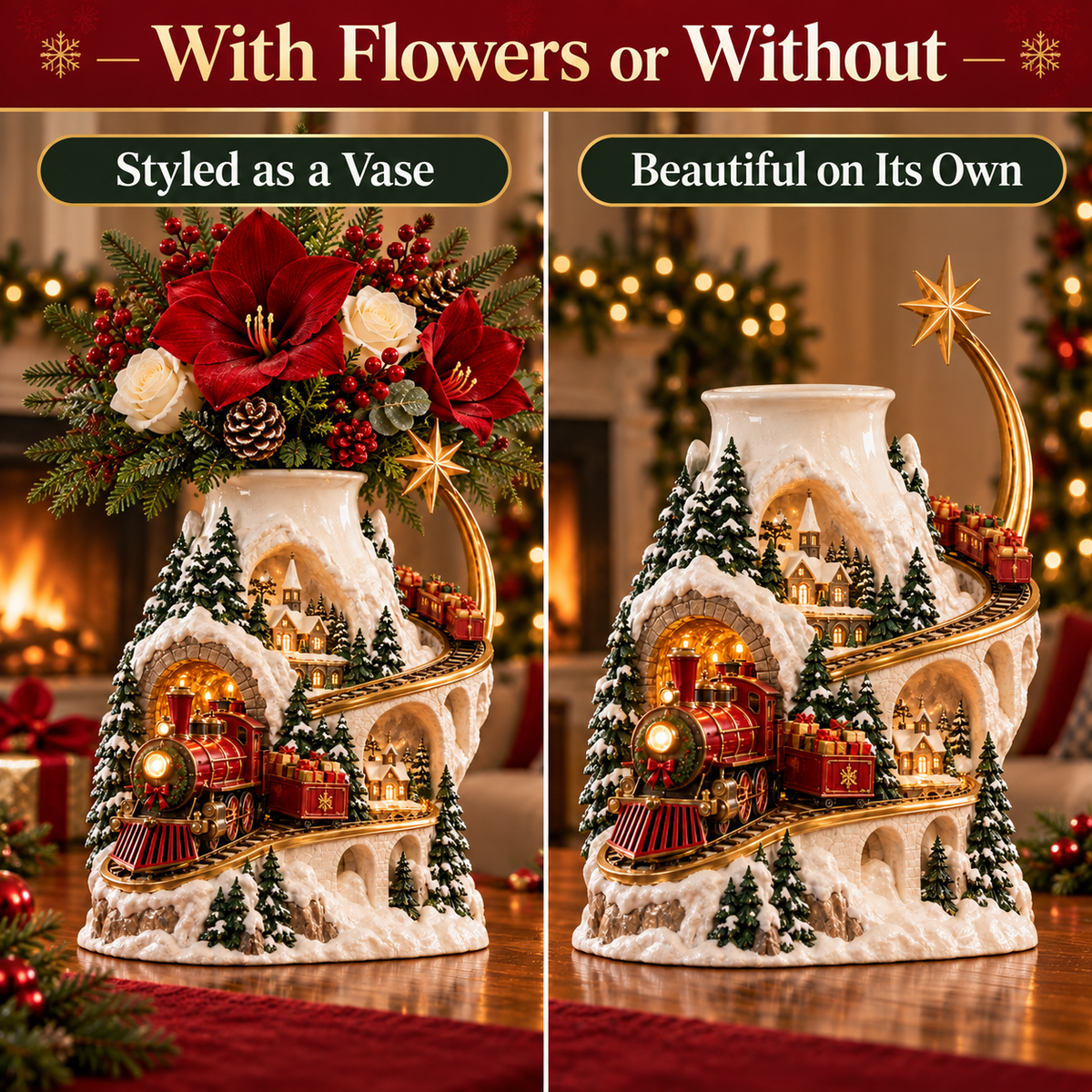 🎄 Christmas Village Train Vase ✨ Lighted Holiday Centerpiece & Floral Decor