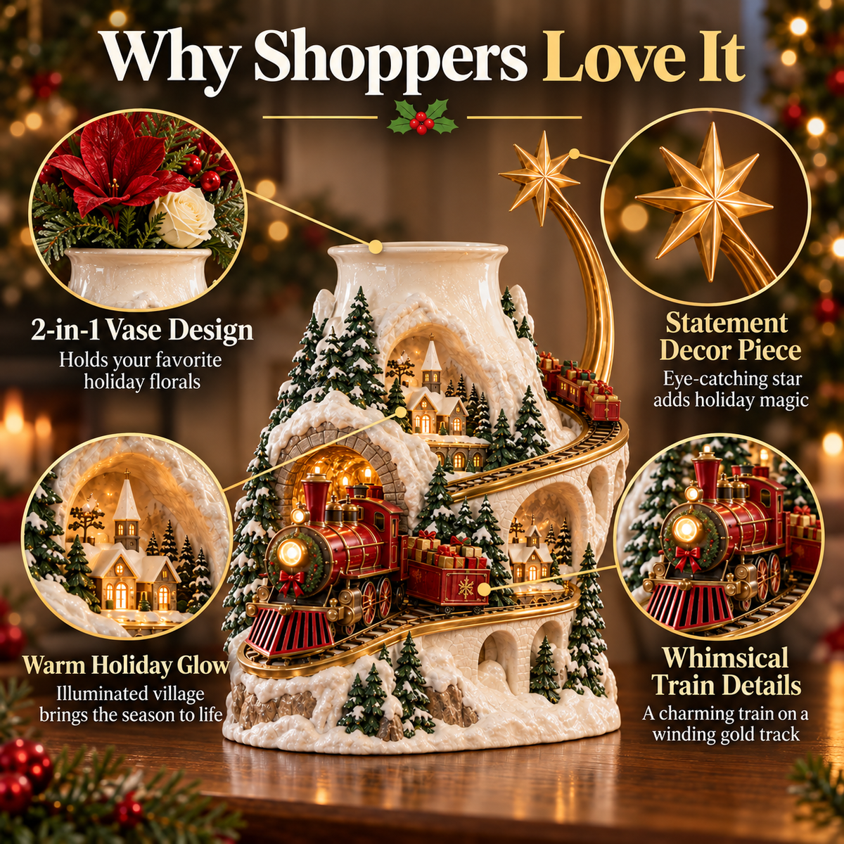 🎄 Christmas Village Train Vase ✨ Lighted Holiday Centerpiece & Floral Decor