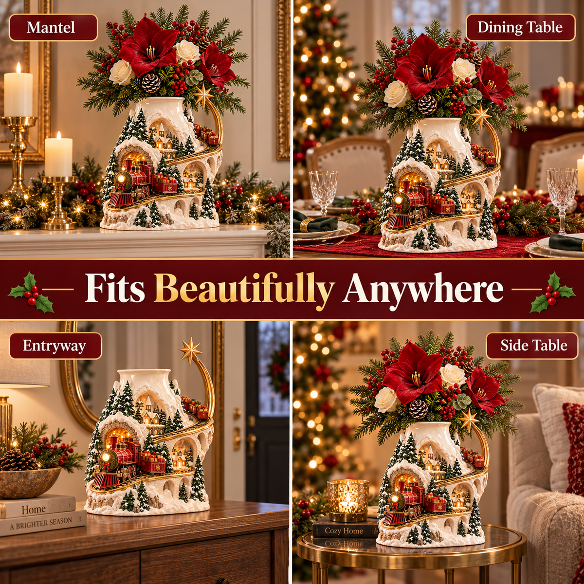 🎄 Christmas Village Train Vase ✨ Lighted Holiday Centerpiece & Floral Decor