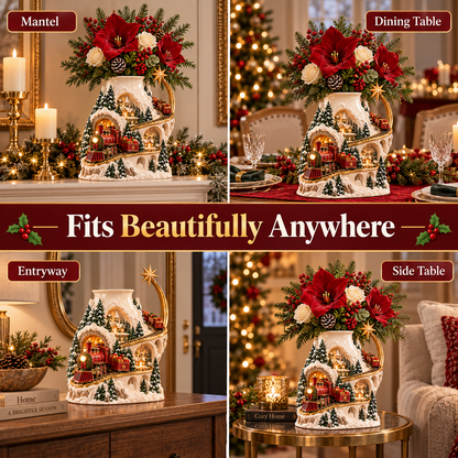 🎄 Christmas Village Train Vase ✨ Lighted Holiday Centerpiece & Floral Decor