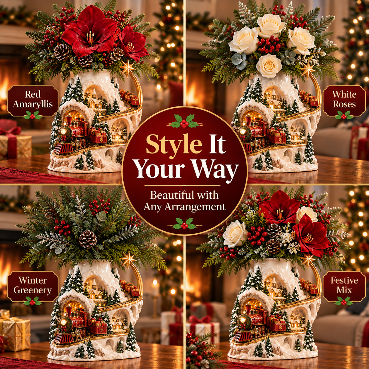 🎄 Christmas Village Train Vase ✨ Lighted Holiday Centerpiece & Floral Decor